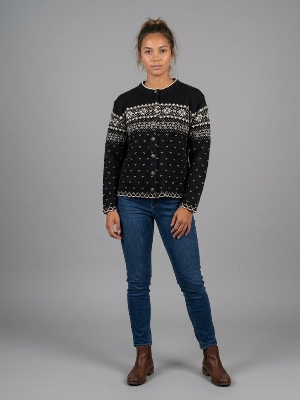 Vintage Jersild Womens XL Cardigan Sweater Black Cream Fair Isle Nordic Button F